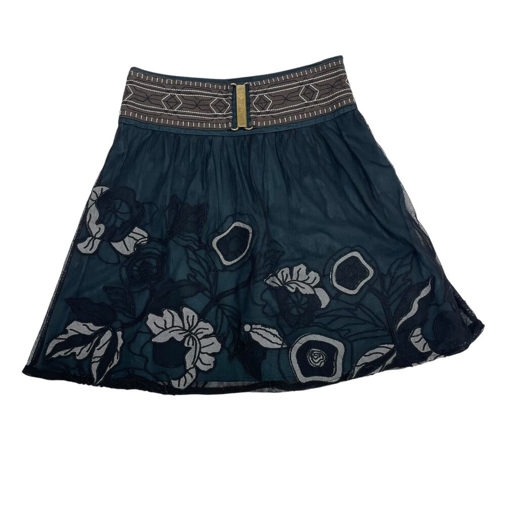 Y2K Sweet by Miss Me Floral Embroidered Tulle Mini Skirt Brown Blue Size Medium